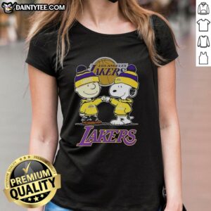 Good Charlie Brown Touch Hand Snoopy X Los Angeles Lakers Logo ladies tee featuring vibrant graphics and casual style.