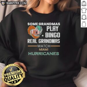 Real grandmas play bingo in Miami Hurricanes sweatshirt, showcasing their love for the team and fun activities.