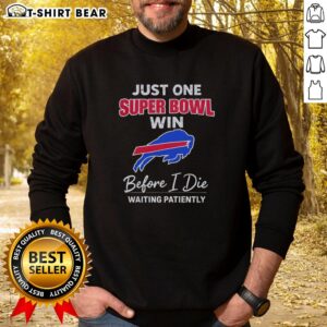 Alt Text: Cozy sweatshirt featuring Top Buffalo Bills Just One Super Bowl Win Before I Die Waiting Patiently design.