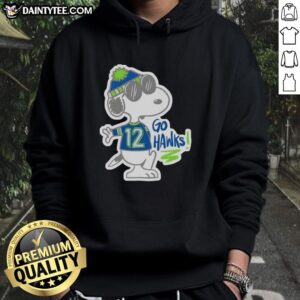 Awesome Snoopy wearing a Seattle Seahawks hoodie, showing team spirit with 'Go Hawks' design.