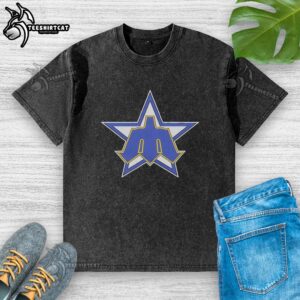 Alt Text: Original Topps Seattle Mariners star trident logo graphic on a cotton washed t-shirt, perfect for fans and collectors.