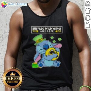 Cute Stitch hugging Buffalo Wild Wings Grill and Bar logo on a Happy St. Patrick's Day tank top design.