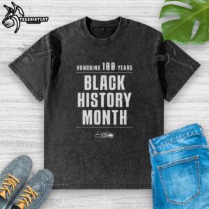 Nice Seattle Seahawks honoring 100 years Black History Month washed t-shirt featuring team logo and vibrant colors.