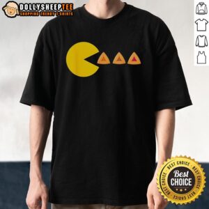 Alt Text: Official Purim costume T-shirt featuring Pacman eating hamantashen for a fun Jewish holiday celebration.