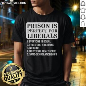 Original Prison Is Perfect For Liberals T-Shirt featuring bold text design on a stylish black background.