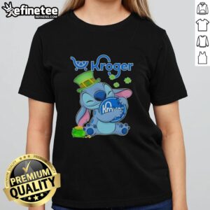 Official Stitch with St. Patrick's Hug Kroger logo ladies tee featuring a festive design for St. Patrick's Day.