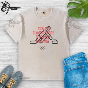 Nice Curling Olympic Sport 'Stronger Together' washed t-shirt displayed on a wooden surface, showcasing sporty style.