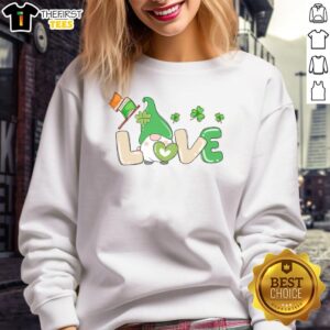 Pretty Love St. Patrick's Day gnome sweatshirt featuring shamrocks and clovers for festive Irish celebrations.