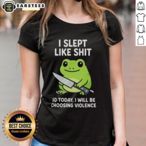 Funny grumpy tired frog choosing violence design on a ladies tee, perfect for quirky fashion enthusiasts.