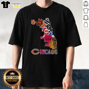 Alt Text: Premium Chicago Sports Teams logo mashup city map silhouette graphic T-shirt showcasing iconic team logos.