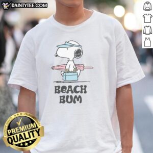 Alt Text: Cute Peanuts Beach Bum Snoopy T-Shirt featuring Snoopy lounging on the beach, perfect for summer style and fans.