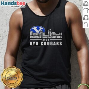 Stylish tank top featuring 'Top 2026 BYU Cougars' design with a city skyline graphic, perfect for fans.