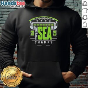 2025 Seattle Seahawks NF Champions hoodie featuring four stars, perfect for fans at the stadium or home.