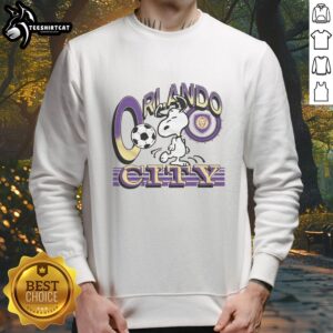 Premium Peanuts Snoopy X Orlando City sweatshirt featuring vibrant graphics and cozy design for fans and collectors.
