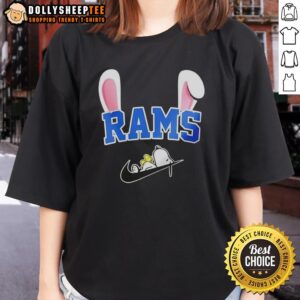 Official Los Angeles Rams X Snoopy Happy Easter ladies tee featuring vibrant graphics and festive designs for fans.