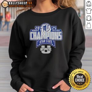 Original Utah State Aggies 2025 Mountain West Women's Volleyball Champions sweatshirt featuring team colors and logo.