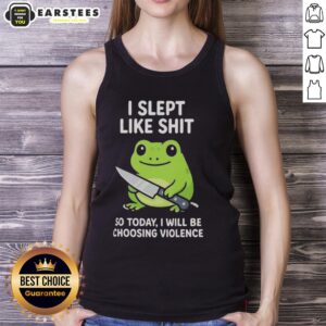 Funny grumpy tired frog choosing violence tank top design, perfect for humor lovers and unique fashion enthusiasts.