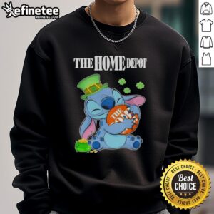 Official Stitch with St. Patrick's Day Hug sweatshirt featuring The Home Depot logo, perfect for festive celebrations.