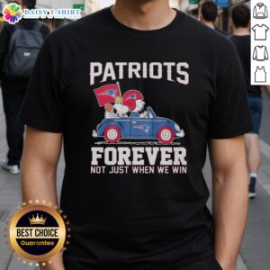Nice Snoopy and Woodstock driving New England Patriots Forever T-shirt design, perfect for fans celebrating every game.