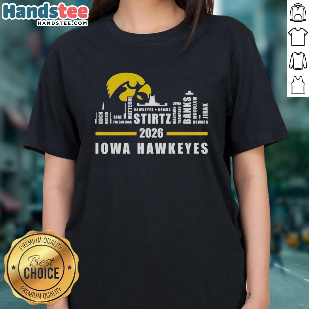 top-2026-iowa-hawkeyes-all-names-city-skyline-ladies-tee Alt Text: Top 2026 Iowa Hawkeyes All Names City Skyline Ladies Tee featuring iconic Iowa City skyline design.