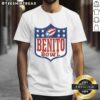 Alt Text: Top Benito Bowl NFL Shield Puerto Rico Flag graphic on a sporty t-shirt, perfect for football fans and enthusiasts.