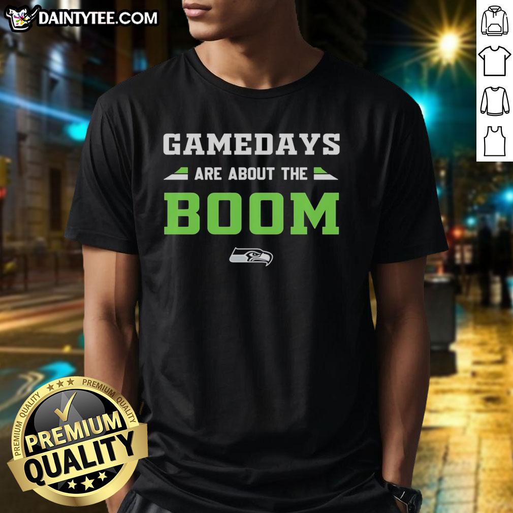 top-gamedays-are-about-the-boom-seattle-seahawks-t-shirt-1 Seattle Seahawks T-Shirt featuring 'Top Gamedays Are About The Boom' design, perfect for game day fans.