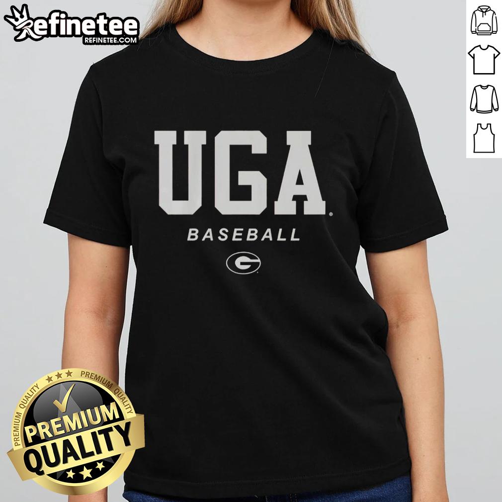 top-georgia-uga-baseball-wordmark-and-logo-ladies-tee Alt Text: Top Georgia UGA baseball wordmark and logo on a stylish ladies tee, perfect for fans and casual wear.