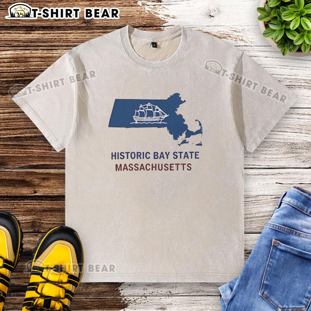 Top Historic Bay State Massachusetts Map Washed T Shirt Alt Text: Vintage Massachusetts map design on a washed t-shirt, showcasing the historic Bay State's iconic landmarks and features.