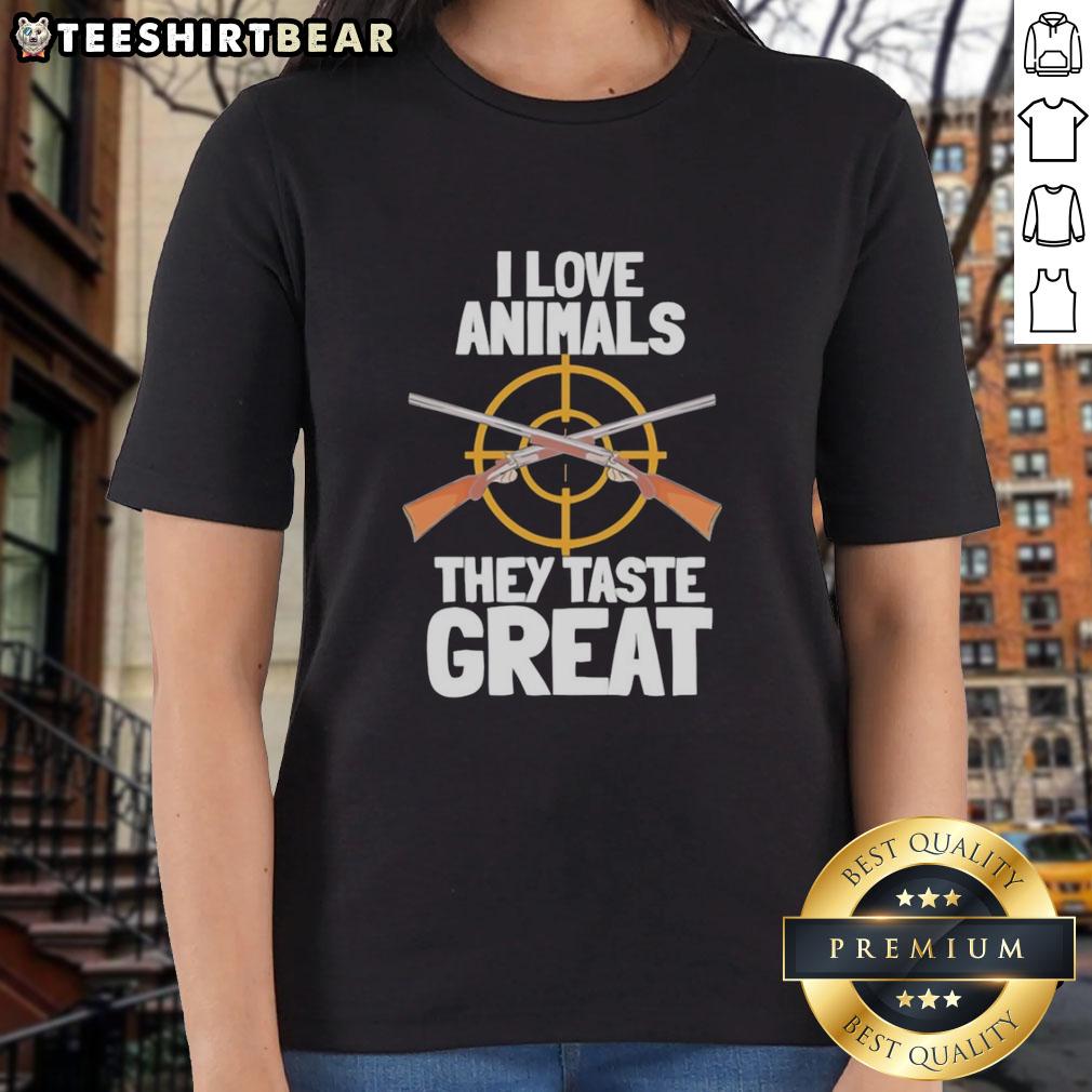 top-i-love-animals-they-taste-great-ladies-tee Top I Love Animals They Taste Great Ladies Tee in vibrant colors featuring a playful animal-themed graphic design.
