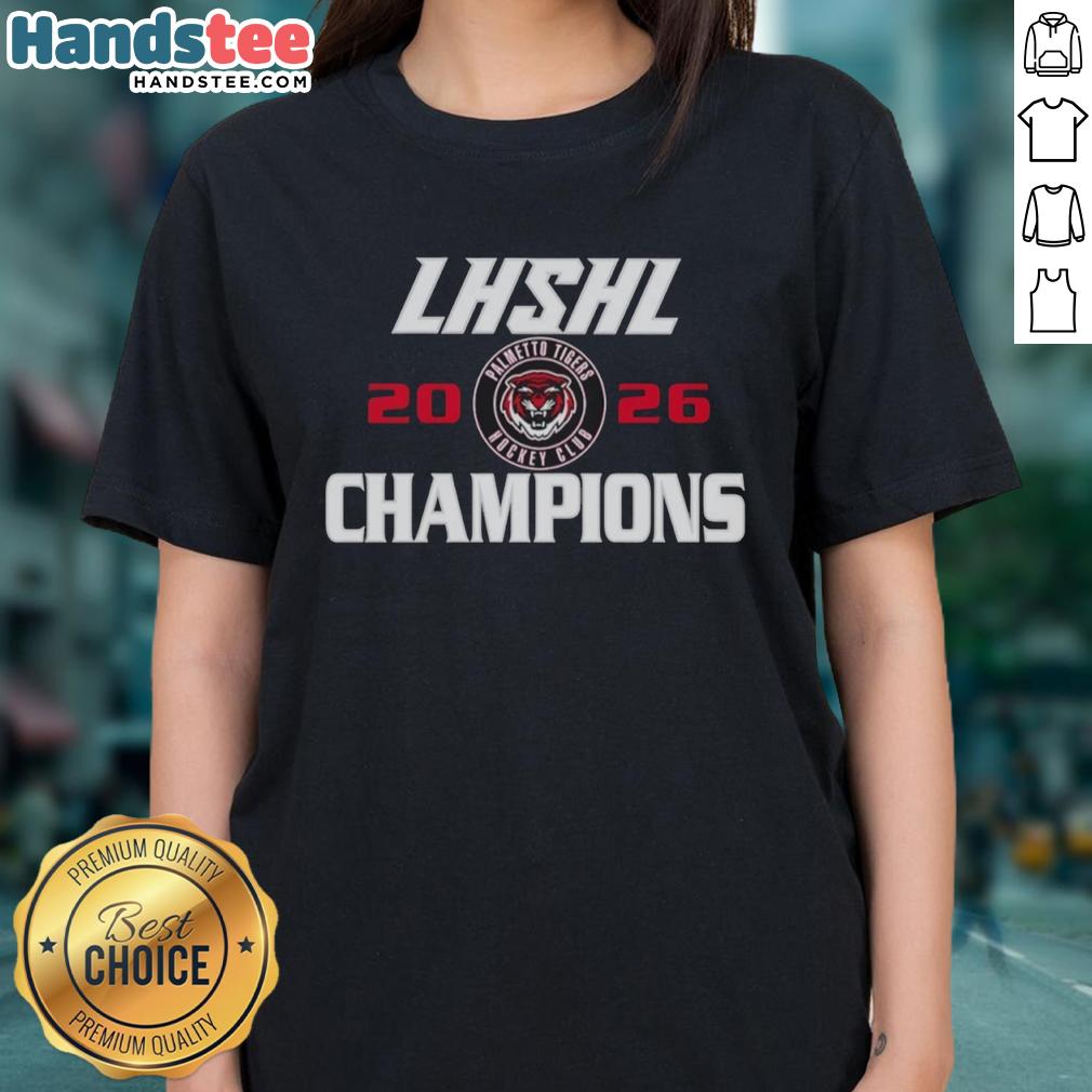top-lhshl-palmetto-tigers-champions-2026-logo-ladies-tee Alt Text: 2026 Champions logo for Palmetto Tigers on a ladies tee, showcasing vibrant colors and team spirit.
