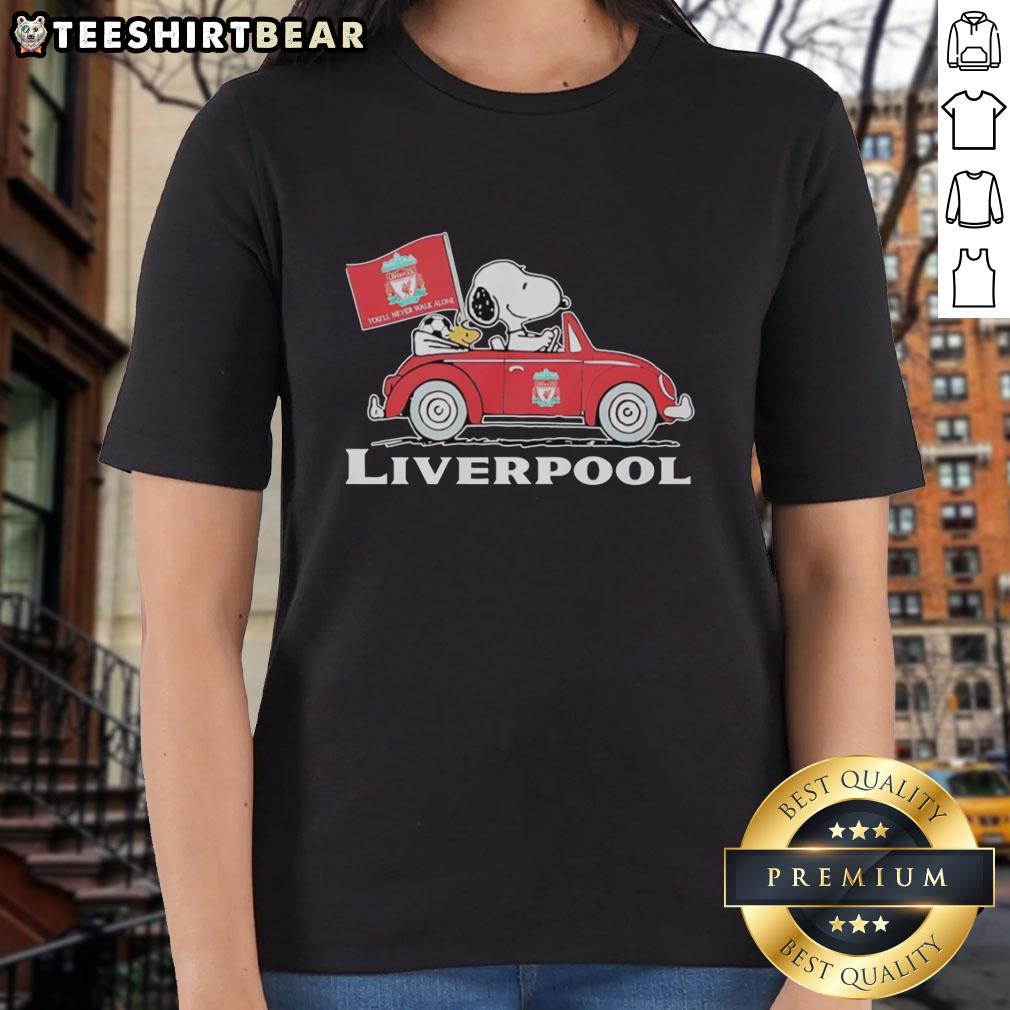 top-snoopy-and-woodstock-driving-liverpool-fc-red-car-raise-a-flag-ladies-tee Top Snoopy and Woodstock driving a Liverpool FC red car, raising a flag on a ladies tee shirt design.