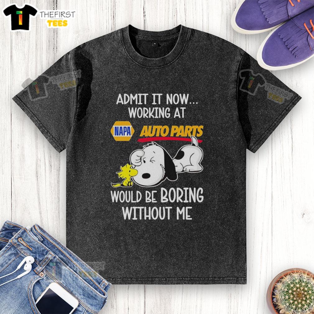 top-snoopy-and-woodstock-x-napa-auto-parts-admit-it-life-would-be-boring-without-me-washed-t-shirt Alt Text: Snoopy and Woodstock graphic on a Napa Auto Parts t-shirt with the phrase 'Life Would Be Boring Without Me.'