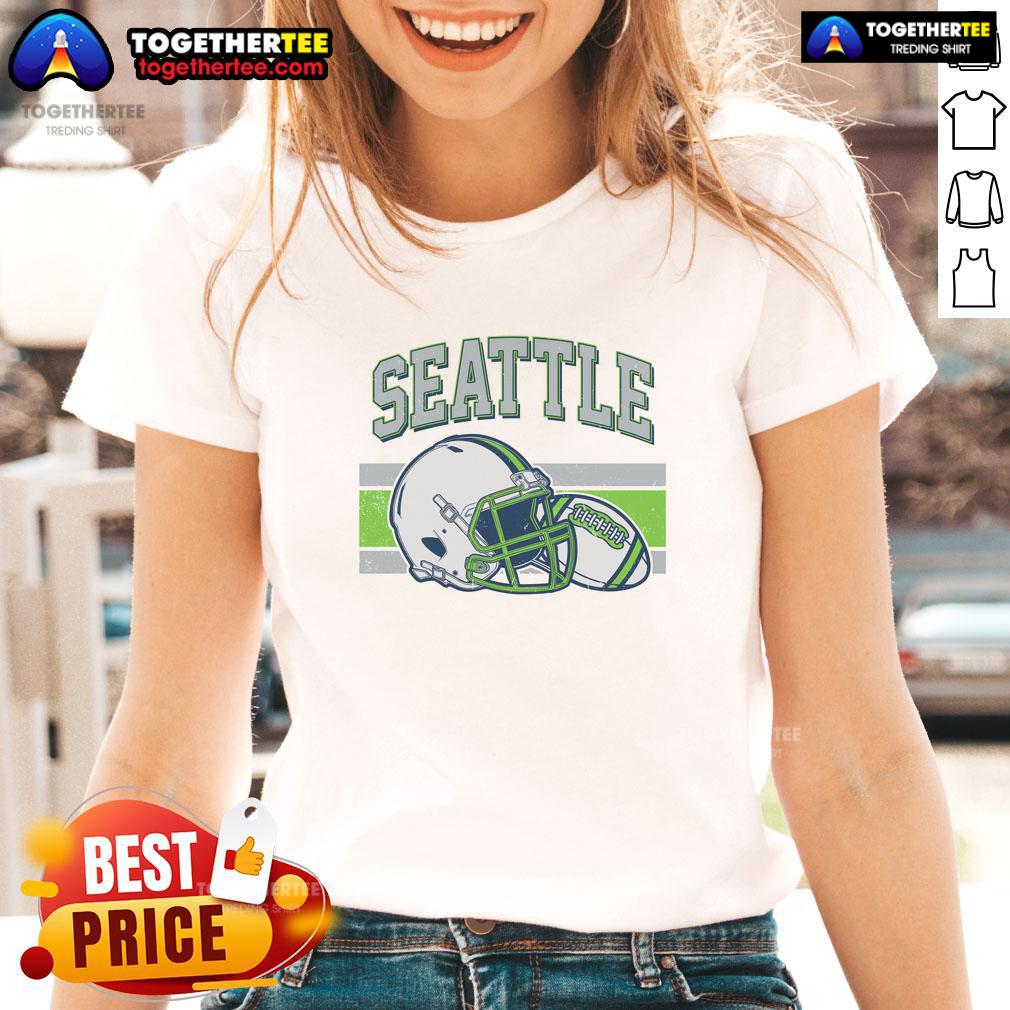 Top Varsity Style Seattle Football Ladies Tee Alt Text: Top Varsity Style Seattle Football Ladies Tee in navy blue featuring bold graphics and a comfortable fit.