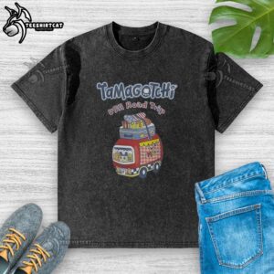 Alt Text: Premium Tamagotchi USA road trip washed t-shirt featuring vintage graphics and soft fabric, perfect for nostalgic fans.