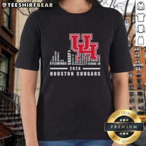 2026 Houston Cougars Football Ladies Tee featuring city skyline and team name for fans and supporters.