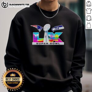 Alt Text: Good New England Patriots vs Seattle Seahawks Super Bowl LIX logo sweatshirt featuring team colors and design.