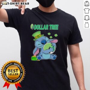 Official Stitch With St Patricks Hug Dollar Tree Logo T-Shirt featuring a festive design for St. Patrick's Day celebrations.