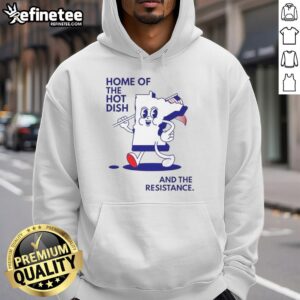 Person wearing 'Good Home of the Hot Dish' hoodie, holding Minnesota map and flag, celebrating local pride and culture.