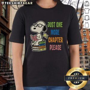 Alt Text: Premium Just One More Chapter, Please Snoopy Book Ladies Tee for book lovers and Snoopy fans, stylish and comfy.