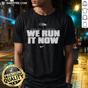 Alt Text: Awesome Seattle Seahawks Super Bowl LX Champions We Run It Now logo t-shirt in vibrant colors for fans.