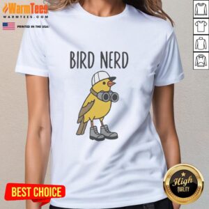 Top Brid Nerd wearing shoes and binoculars on a ladies tee, showcasing a fun and stylish outdoor fashion statement.