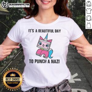 Premium 'It's A Beautiful Day To Punch A Nazi' Unikitty Ladies Tee featuring colorful artwork and a fun design.