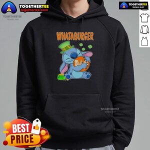 Alt Text: Happy St. Patrick's Day hoodie featuring a nice stitch hug design with the Whataburger logo.