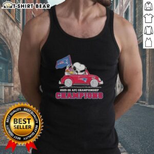 Alt Text: Snoopy and Woodstock riding in a New England Patriots car, celebrating the 2025-26 AFC Championship on a tank top.