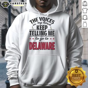 Funny hoodie featuring 'The Voices In My Head Keep Telling Me To Go To Delaware' design, perfect for humor lovers.