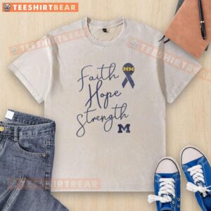 Official Michigan Wolverines Men's Basketball Block Cancer T-Shirt featuring Faith, Hope, Strength design.