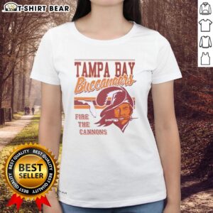 Alt Text: Original Tampa Bay Buccaneers Fire the Cannons Spirit Script Ladies Tee in vibrant team colors, perfect for fans.