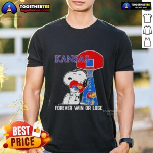 Alt Text: Official Peanuts Snoopy Forever Win Or Lose Kansas Jayhawks Basketball T-Shirt featuring Snoopy and team colors.