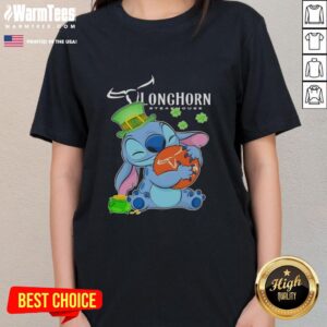 Cute Stitch hugging Texas Longhorn Steakhouse logo on a Happy St. Patrick's Day ladies tee design.