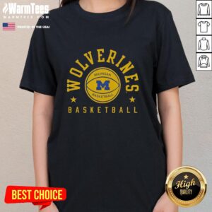 Alt Text: Original Valiant University of Michigan Basketball Retro Stars Ladies Tee in blue and maize, perfect for fans.